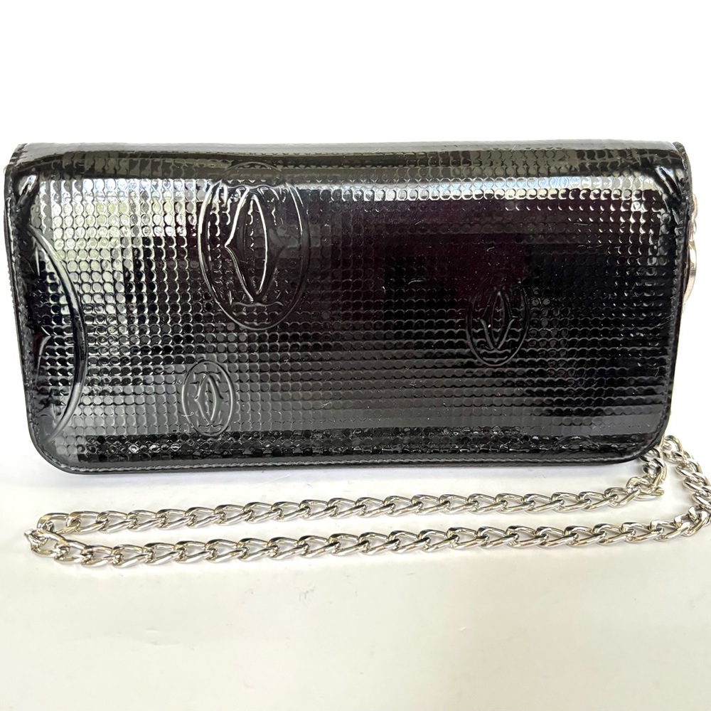 CARTIER Classic Logo Black Patent Leather Zippered Wallet on Chain